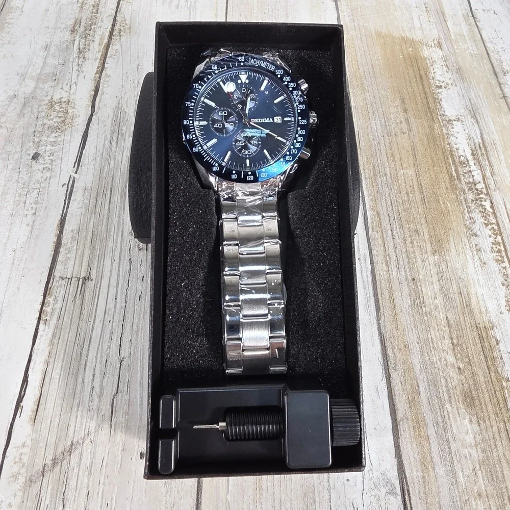 Dedima Mens Chronograph Watch Black Dial Silver Stainless Steel Link Band New